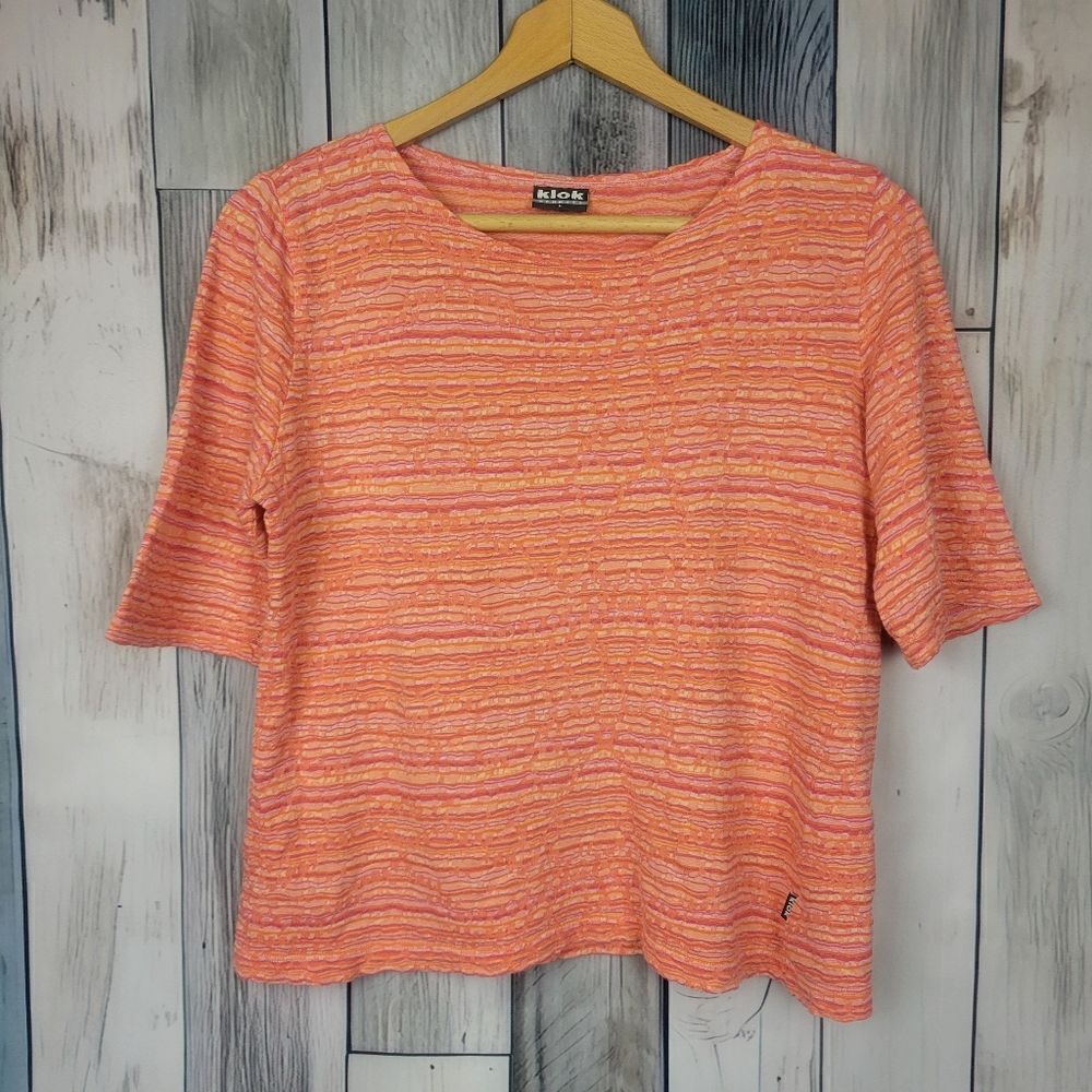 Klok Denmark Orange Yellow Short Sleeve Knit Ribbed Shirt Size Large